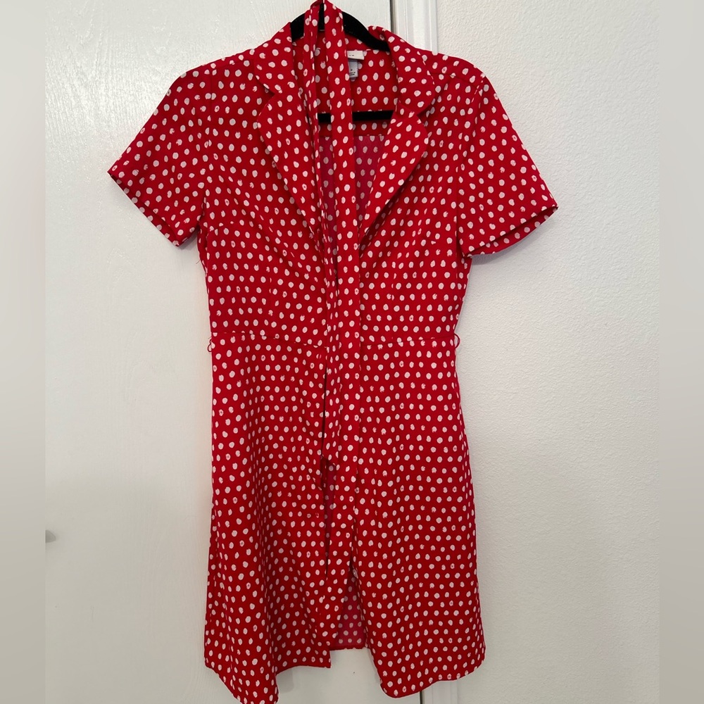 Red and white polka dot button down midi dress